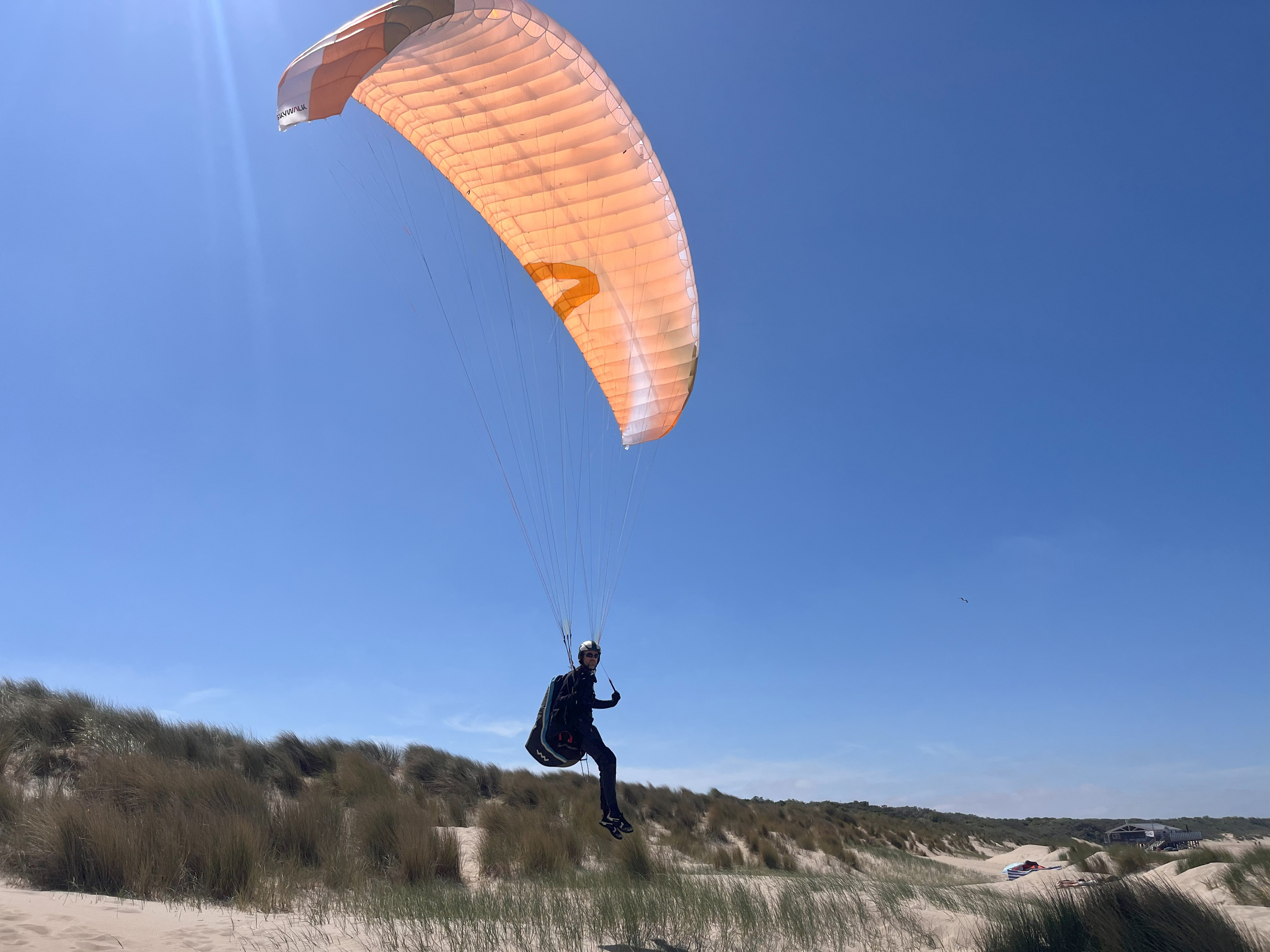 Ein Gleitschirmpilot fliegt bei strahlendem Sonnanschein von einer Düne, der Gleitschirm über ihm leuchtet in der Sonne.
